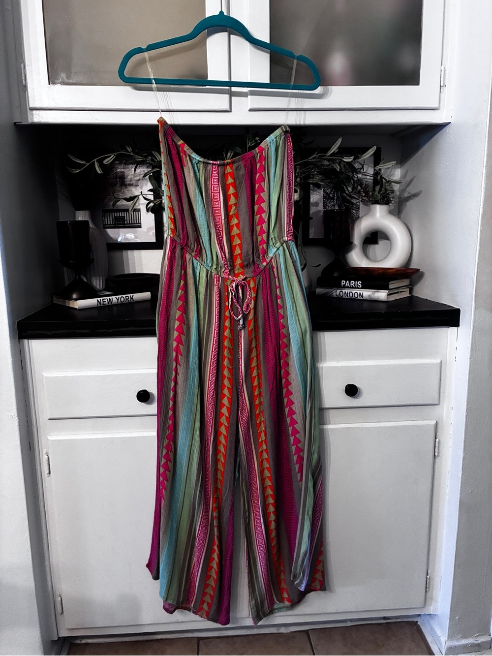 Elan Strapless Multicolor Striped Jumpsuit — Pink, Green, Teal
